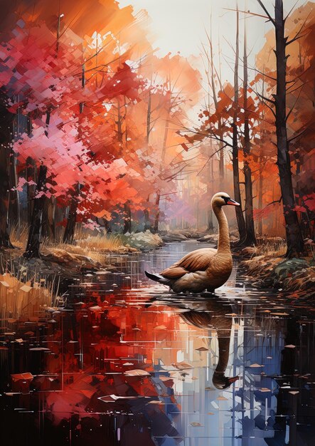 a painting of a goose in a forest with a red reflection