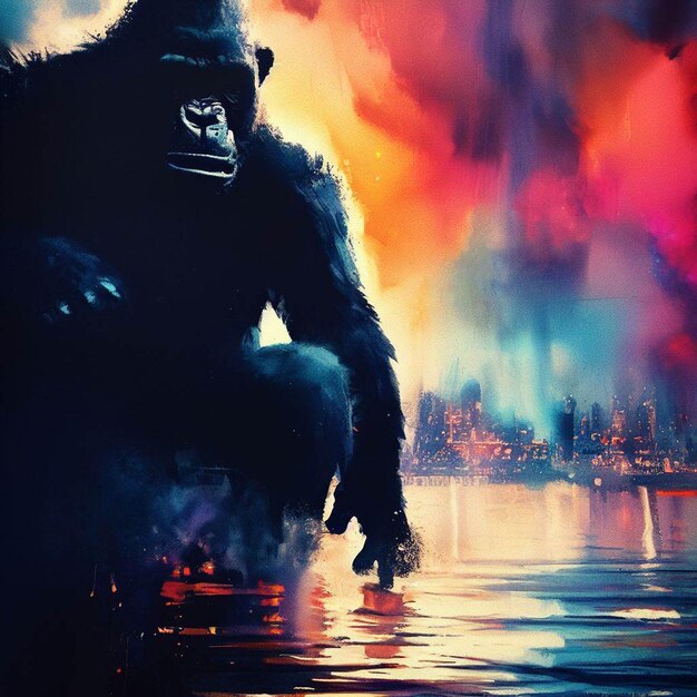 A painting of a gorilla sitting on a lake with a city in the background