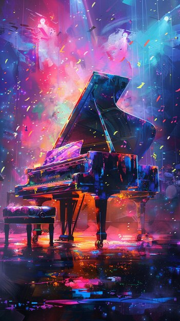 하늘에서 떨어지는 콘페티와 함께 다채로운 방에서 그랜드 피아노의 그림