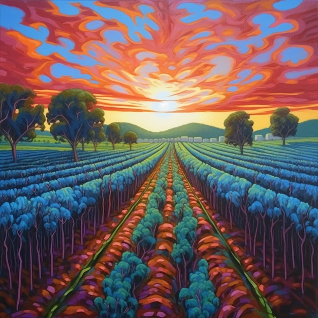 a painting of grape trellising at sunset