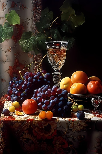 A painting of grapes and a glass of wine