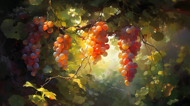 A painting of grapes hanging from a tree