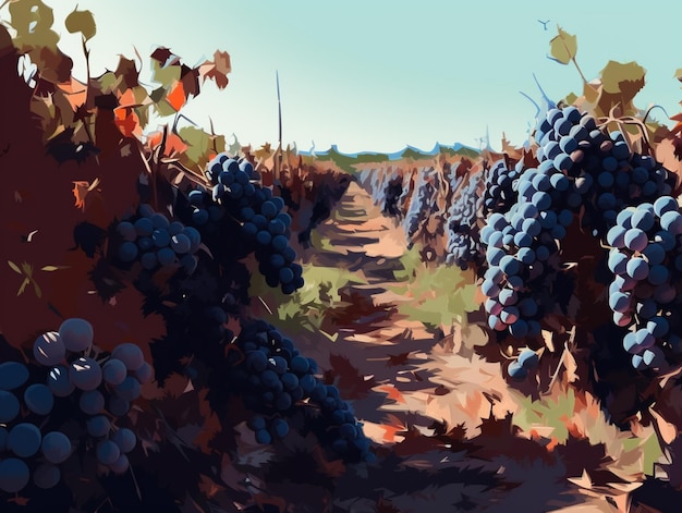 A painting of grapes in a vineyard