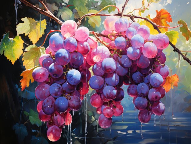 A painting of grapes with a red and yellow leaves