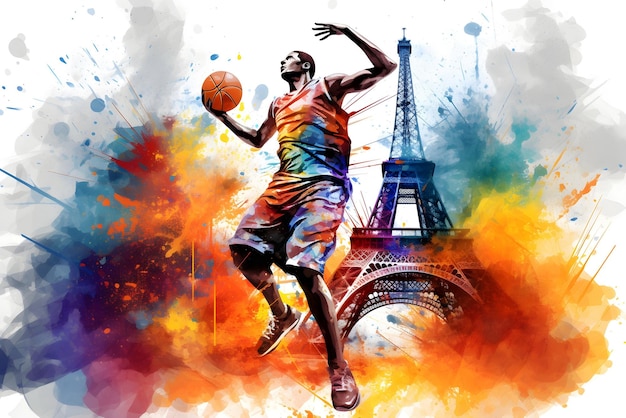 Foto pittura grafica con colori spruzzanti di un giocatore di basket uomo torre eiffel sullo sfondo concetto dei giochi olimpici