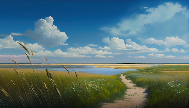 A painting of a grassy field with a path leading to the water