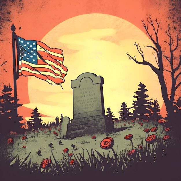 A painting of a grave with the american flag on it