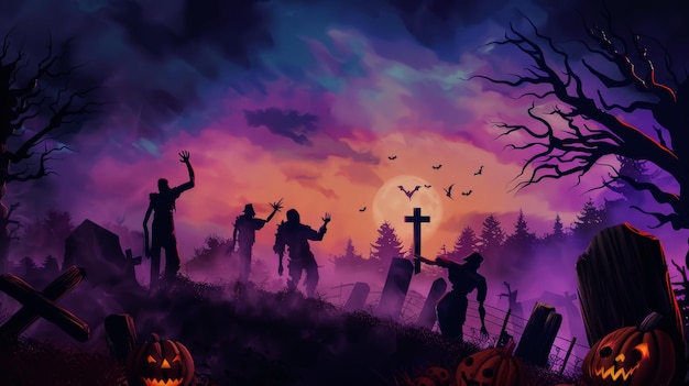 a painting of a graveyard with a silhouette of a graveyard and a moon in the sky