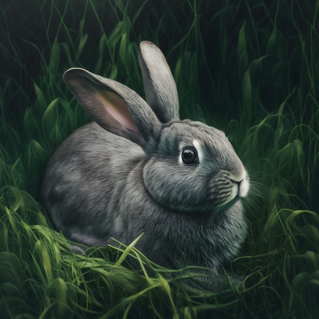 A painting of a gray rabbit in the grass