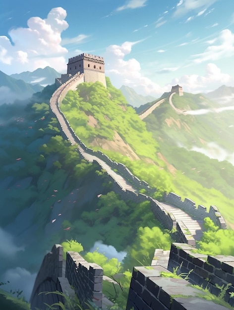 painting of a great wall of china with a sky background generative ai