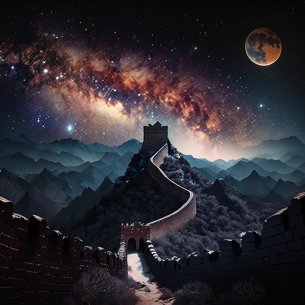 A painting of the great wall with the milky way in the background