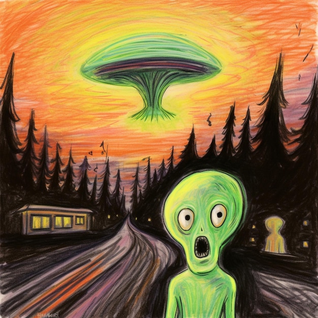 Foto dipinto di un alieno verde con un treno che passa generativo ai