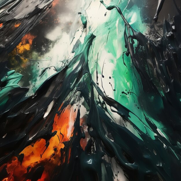 Painting of a green and black abstract painting with a black and white background generative ai