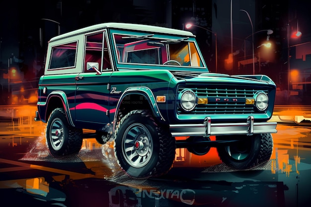 A painting of a green and black ford bronco.