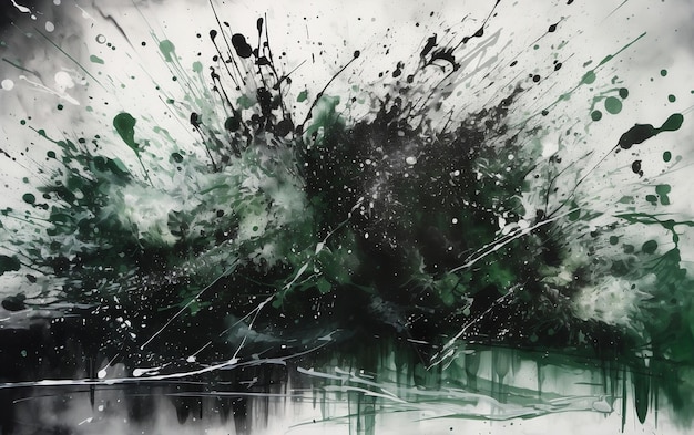 A painting of green and black paint with white dots and the word green on it.