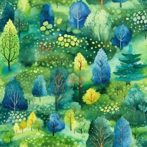 A painting of a green and blue forest with trees generative ai