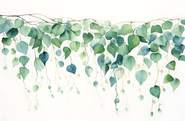 Photo a painting of green and blue leaves and branches with a white background