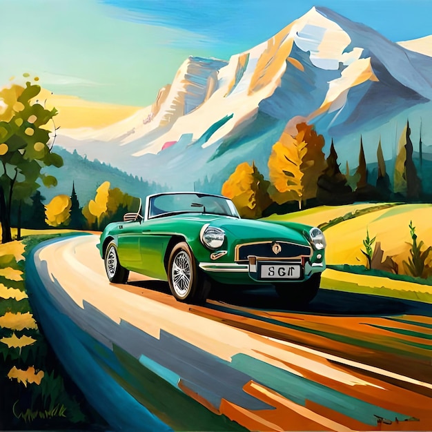 A painting of a green car with the license plate " r. r. "