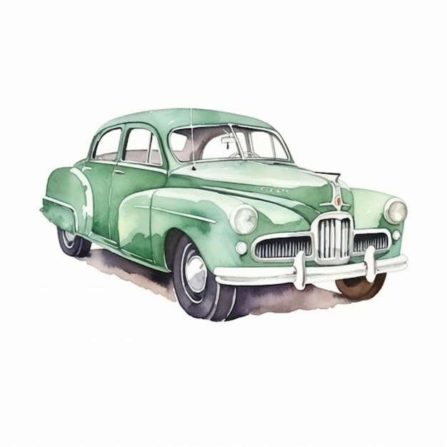 Painting of a green car with a white background generative ai