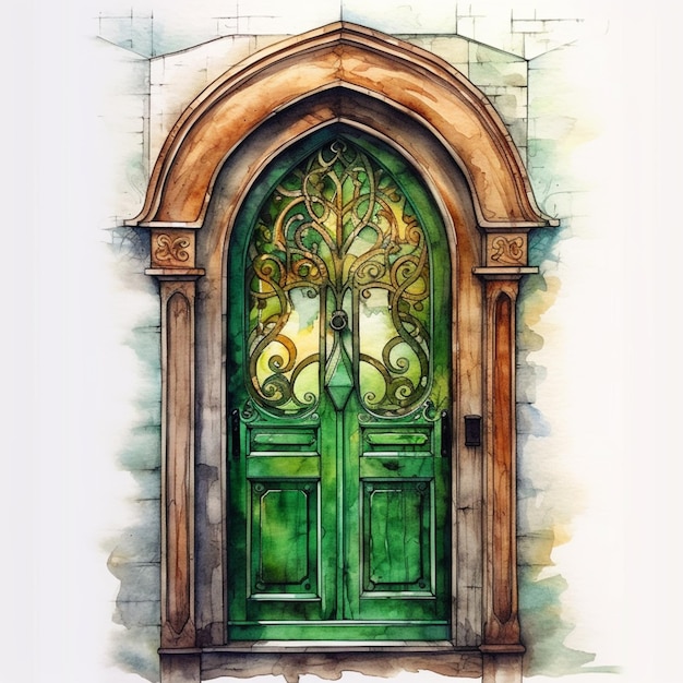 Painting of a green door with a decorative iron design generative ai