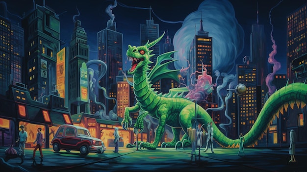 painting of a green dragon in a city at night generative ai