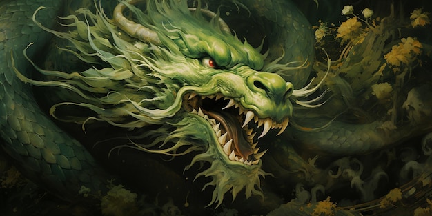 Painting of a green dragon with a red eye and a long neck generative ai