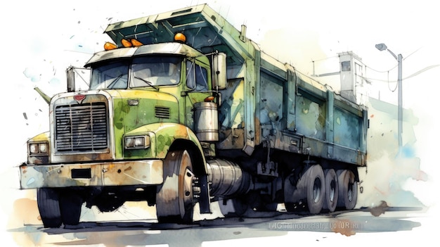 A painting of a green dump truck.