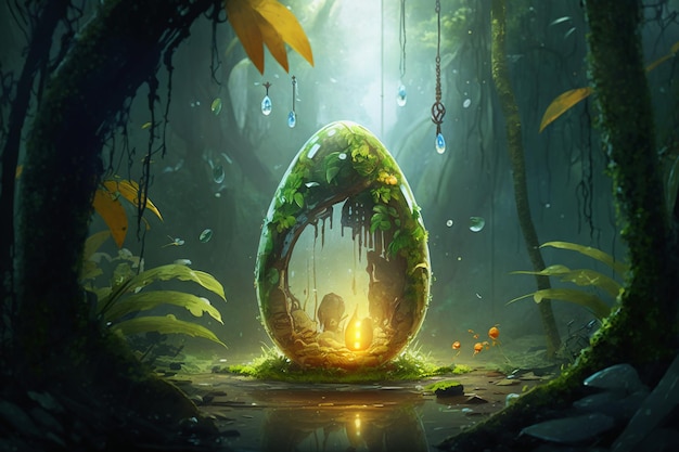 A painting of a green egg in the jungle