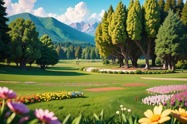 A painting of a green field with a field of flowers and mountains in the background.