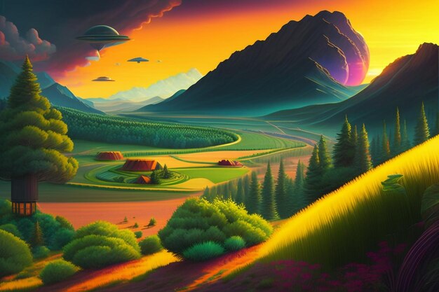 A painting of a green field with a mountain and a sunset