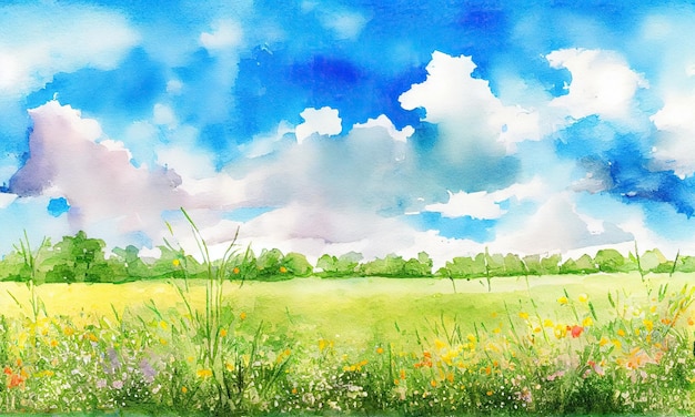 Photo a painting of a green field with trees and a blue sky generative ai