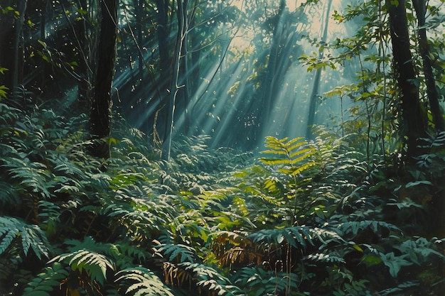 Картина зеленого леса с папоротниками и листьями.