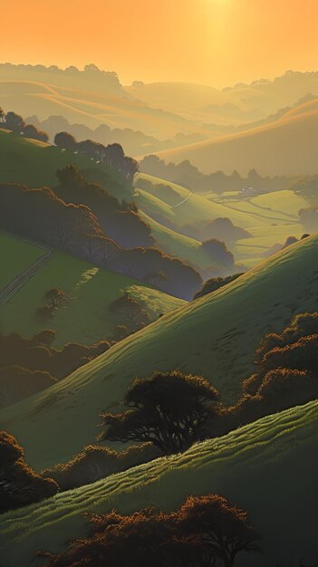 A painting of a green hillside with a sunset in the background.