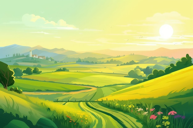 A painting of a green landscape with a road going through it generative AI