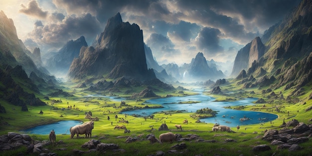 Картина зеленого пейзажа с овцами и рекой.