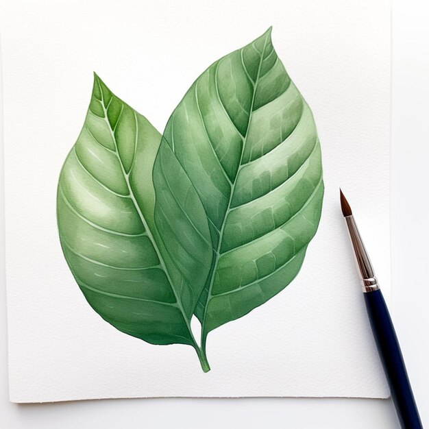 Photo painting of a green leaf with a blue pen on a white paper generative ai