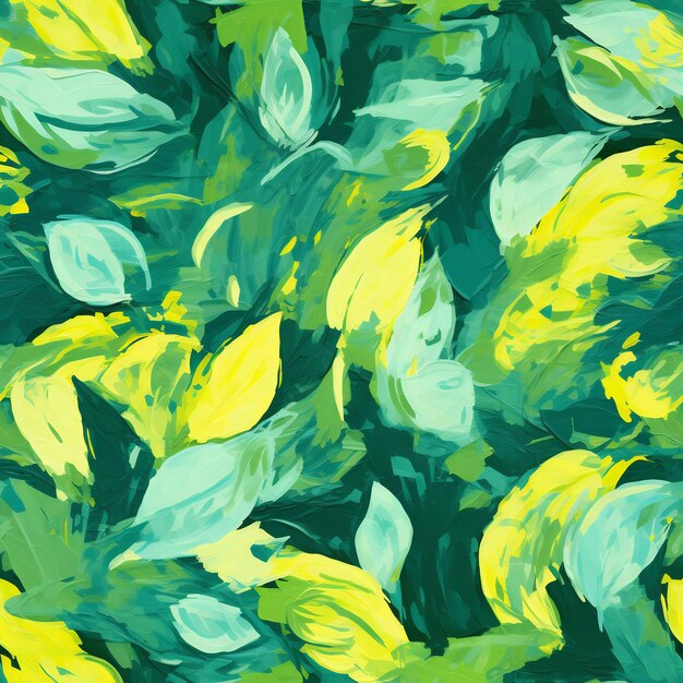 A painting of green leaves with yellow leaves