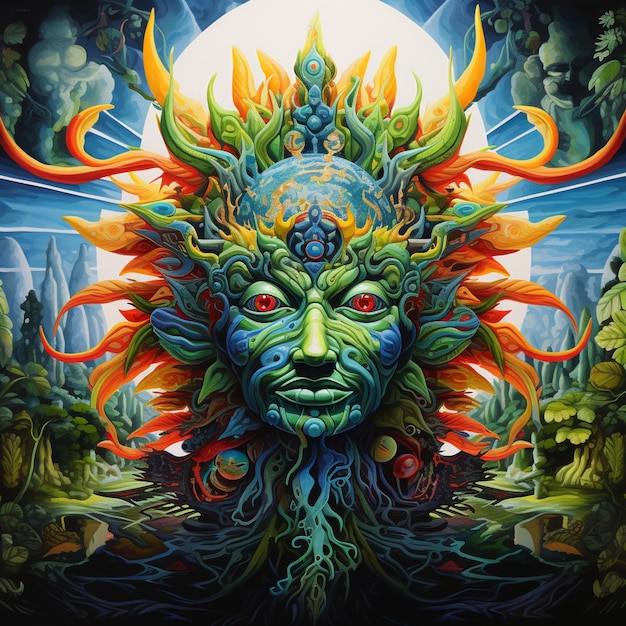 painting of a green man with a sunflower head in front of a full moon generative ai