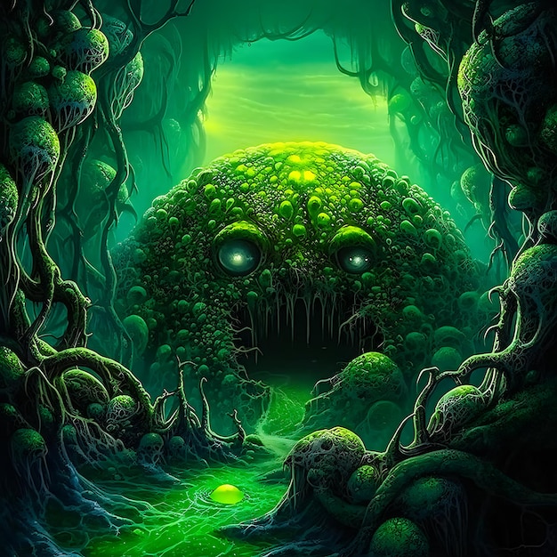 이미지 중앙에 녹색 괴물 얼굴이 있는 녹색 괴물 그림.