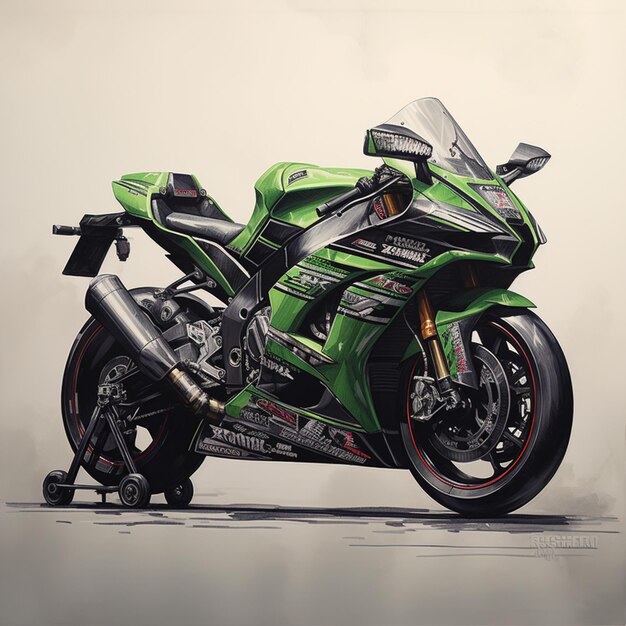 painting of a green motorcycle parked on a street with a white background generative ai