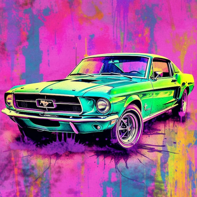 Painting of a green mustang car with a pink background generative ai