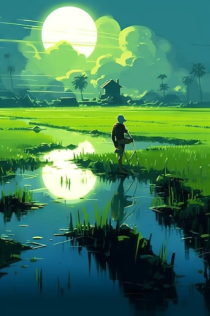 A painting of green rice fields is showing at night