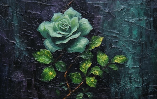 Painting of a green rose with leaves on a dark background generative ai