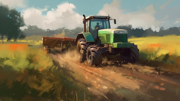 A painting of a green tractor on a farm.