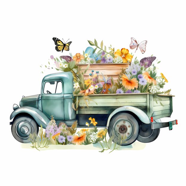 A painting of a green truck with a bunch of flowers on the back.