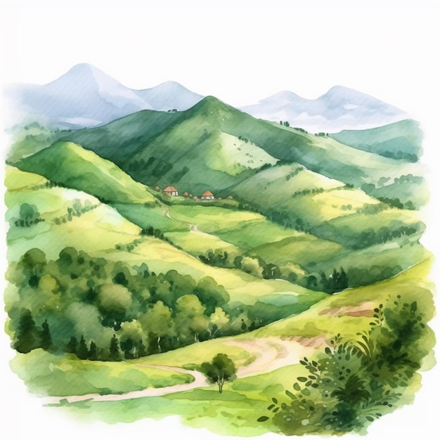 painting of a green valley with hills and a house in the distance generative ai