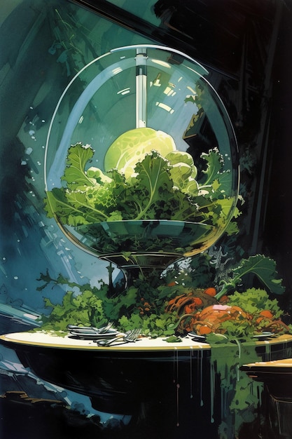 A painting of a green vegetable in a bowl with a light on it.