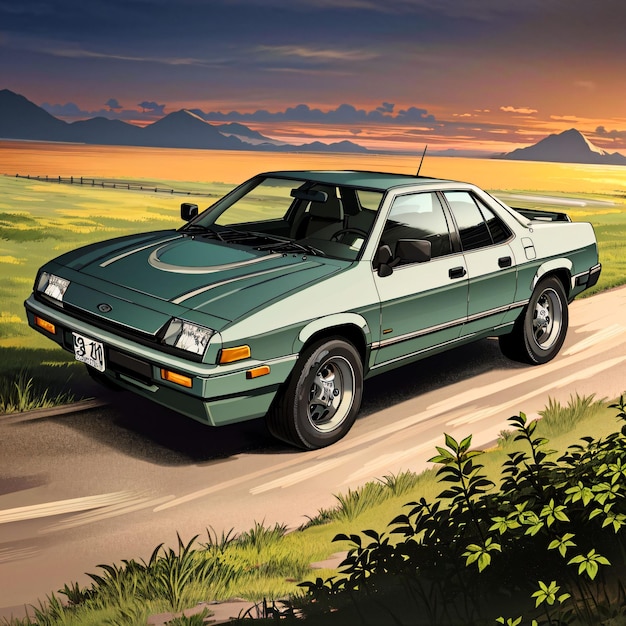 A painting of a green and white car