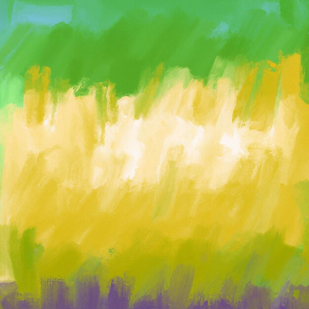 A painting of a green and yellow field with purple and yellow stripes.