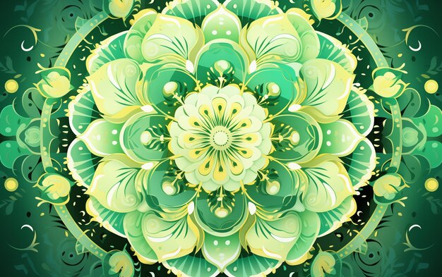 A painting of a green and yellow flower mandala